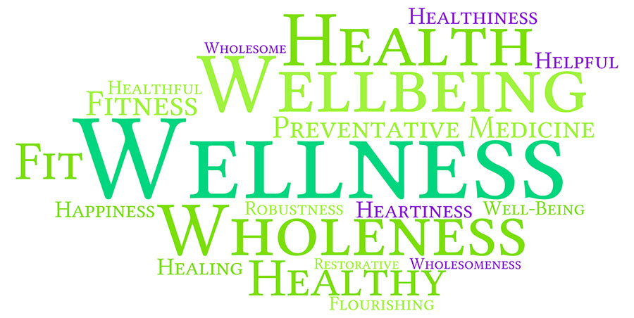 Wellness word cloud on a white background.